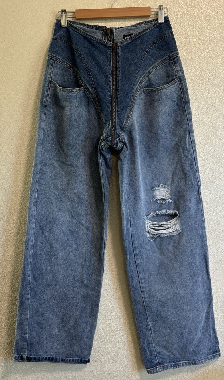 Pretty Little Thing High Rise Wide Leg Jeans Corset Waist Full Zip Crotch Size 6